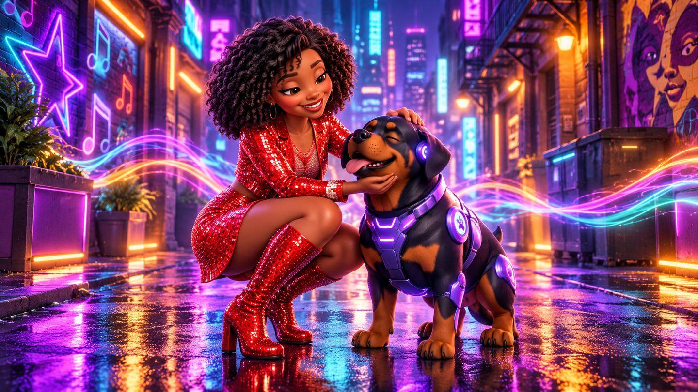 The Lost Vibes - the woman in red with her Rottweiler