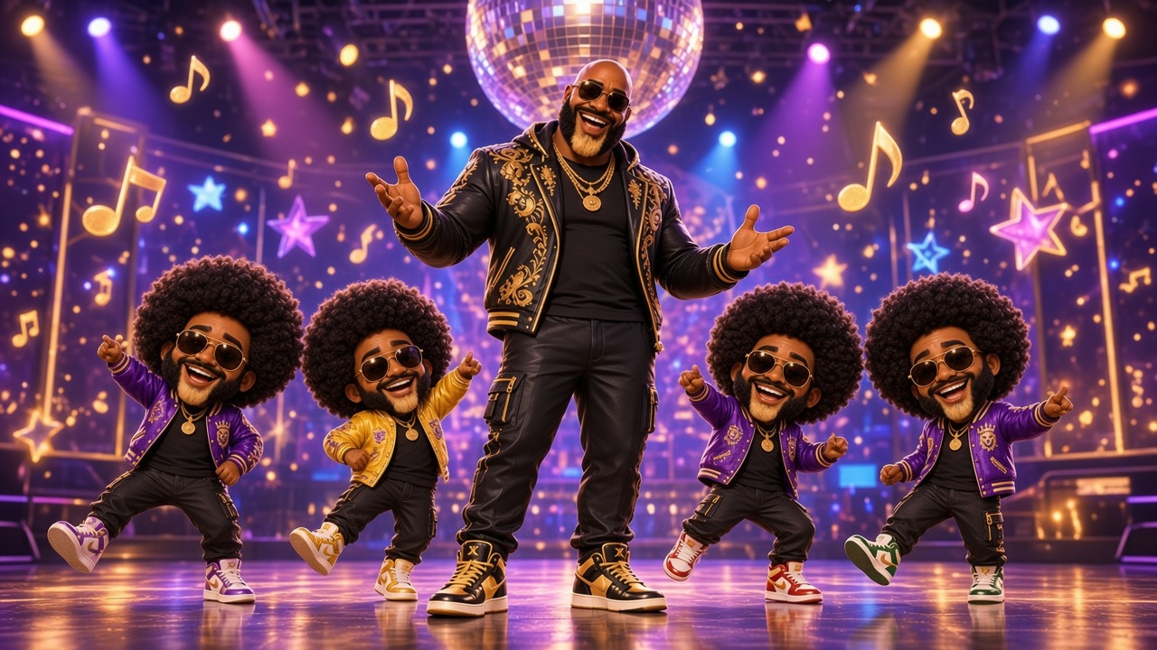 Ouiwey and the Mini-Weys dancing on a funk stage